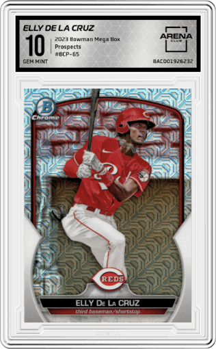 Elly De La Cruz from the 2023 Bowman Mega Box set graded by Arena Club and given an overall grade of 10.