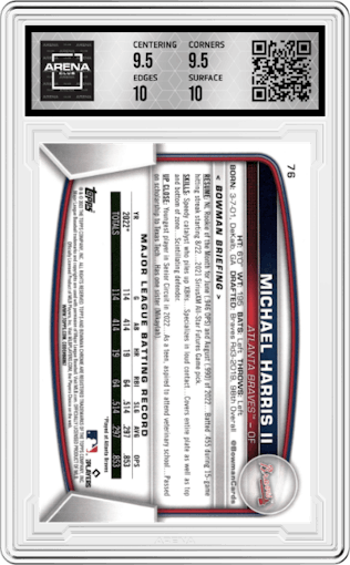 Michael Harris II from the 2023 Bowman Mega Box set graded by Arena Club and given an overall grade of 10.