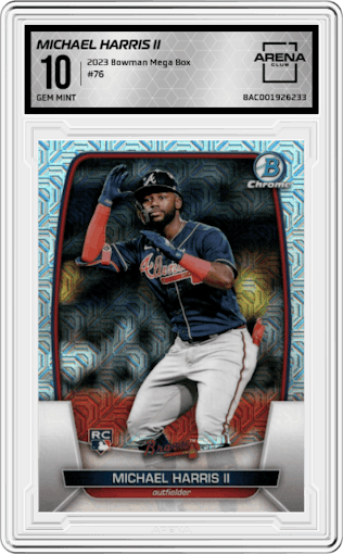 Michael Harris II from the 2023 Bowman Mega Box set graded by Arena Club and given an overall grade of 10.