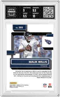 Malik Willis from the 2022 Panini Donruss Optic set graded by Arena Club and given an overall grade of 9.5.