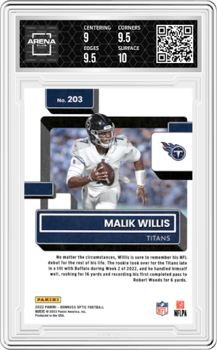 Malik Willis from the 2022 Panini Donruss Optic set graded by Arena Club and given an overall grade of 9.5.