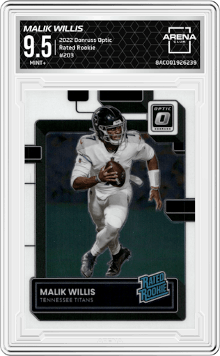 Malik Willis from the 2022 Panini Donruss Optic set graded by Arena Club and given an overall grade of 9.5.