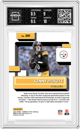 Kenny Pickett from the 2022 Panini Donruss Optic set graded by Arena Club and given an overall grade of 9.