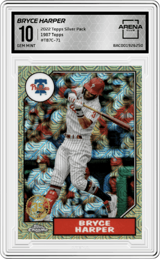 Bryce Harper from the 2022 Topps Silver Pack  set graded by Arena Club and given an overall grade of 10.
