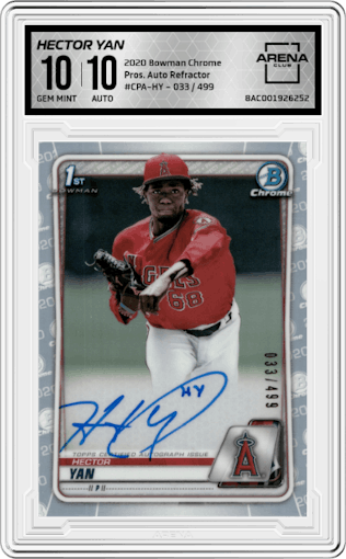 Hector Yan from the 2020 Bowman Chrome set featuring a Refractor parallel graded by Arena Club and given an overall grade of 10.