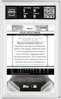Adley Rutschman from the 2020 Bowman Sterling set featuring a  Refractor parallel graded by Arena Club and given an overall grade of 8.5.