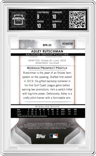 Adley Rutschman from the 2020 Bowman Sterling set featuring a  Refractor parallel graded by Arena Club and given an overall grade of 8.5.