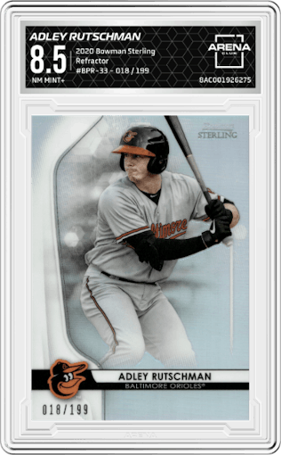 Adley Rutschman from the 2020 Bowman Sterling set featuring a  Refractor parallel graded by Arena Club and given an overall grade of 8.5.
