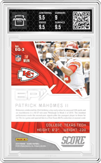 Patrick Mahomes II from the 2019 Panini Score set graded by Arena Club and given an overall grade of 9.5.