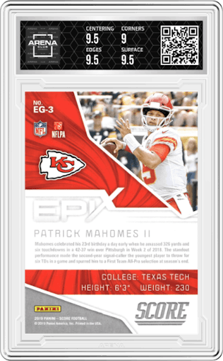 Patrick Mahomes II from the 2019 Panini Score set graded by Arena Club and given an overall grade of 9.5.