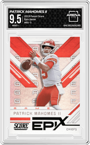 Patrick Mahomes II from the 2019 Panini Score set graded by Arena Club and given an overall grade of 9.5.