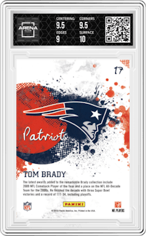 Tom Brady from the 2010 Panini Score set graded by Arena Club and given an overall grade of 9.5.