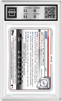 Omar Estevez from the 2020 Bowman set graded by Arena Club and given an overall grade of 10.