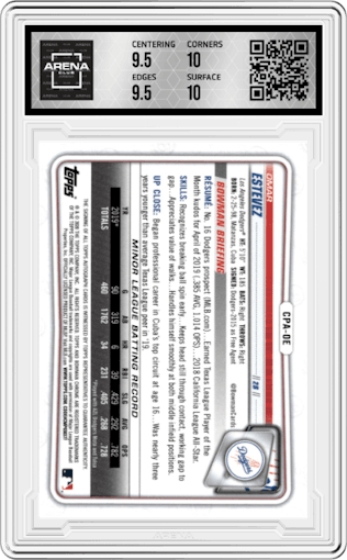 Omar Estevez from the 2020 Bowman set graded by Arena Club and given an overall grade of 10.