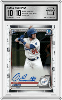 Omar Estevez from the 2020 Bowman set graded by Arena Club and given an overall grade of 10.
