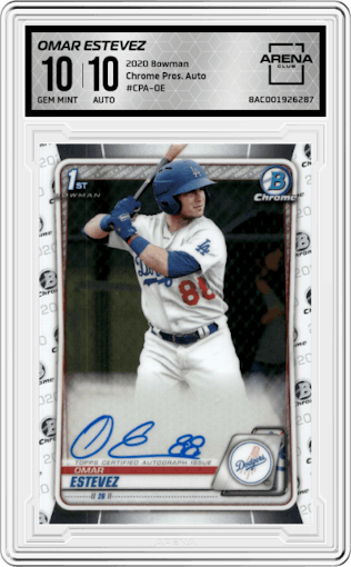 Omar Estevez from the 2020 Bowman set graded by Arena Club and given an overall grade of 10.