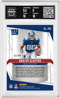 Darius Slayton from the 2019 Panini Phoenix set featuring a Orange parallel graded by Arena Club and given an overall grade of 9.5.