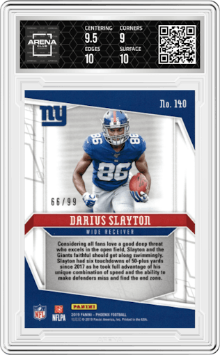 Darius Slayton from the 2019 Panini Phoenix set featuring a Orange parallel graded by Arena Club and given an overall grade of 9.5.