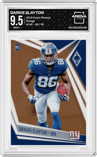 Darius Slayton from the 2019 Panini Phoenix set featuring a Orange parallel graded by Arena Club and given an overall grade of 9.5.