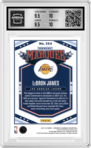 LeBron James from the 2021-22 Panini Chronicles set graded by Arena Club and given an overall grade of 10.