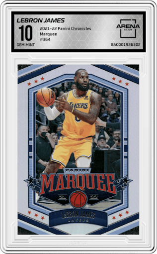 LeBron James from the 2021-22 Panini Chronicles set graded by Arena Club and given an overall grade of 10.