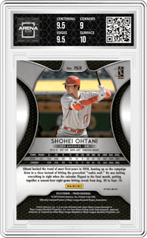 Shohei Ohtani from the 2019 Panini Prizm set featuring a Blue Prizm parallel graded by Arena Club and given an overall grade of 9.5.