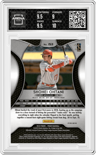 Shohei Ohtani from the 2019 Panini Prizm set featuring a Blue Prizm parallel graded by Arena Club and given an overall grade of 9.5.