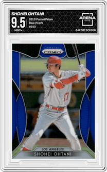 Shohei Ohtani from the 2019 Panini Prizm set featuring a Blue Prizm parallel graded by Arena Club and given an overall grade of 9.5.