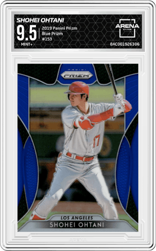 Shohei Ohtani from the 2019 Panini Prizm set featuring a Blue Prizm parallel graded by Arena Club and given an overall grade of 9.5.