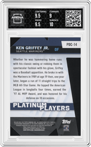 Ken Griffey Jr. from the 2021 Topps  set graded by Arena Club and given an overall grade of 9.5.