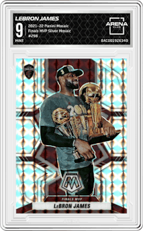 Lebron James from the 2021-22 Panini Mosaic  set featuring a Silver Mosaic parallel graded by Arena Club and given an overall grade of 9.