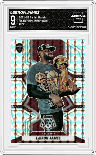 Lebron James from the 2021-22 Panini Mosaic  set featuring a Silver Mosaic parallel graded by Arena Club and given an overall grade of 9.