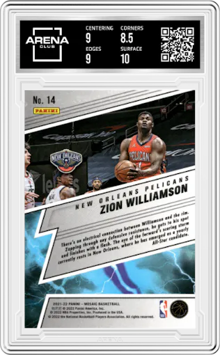  Zion Williamson from the 2021-22 Panini Mosaic  set graded by Arena Club and given an overall grade of 9.