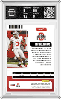 Michael Thomas from the 2021 Panini Contenders Draft Picks set featuring a Game Ticket Pink Cracked Ice parallel graded by Arena Club and given an overall grade of 9.5.