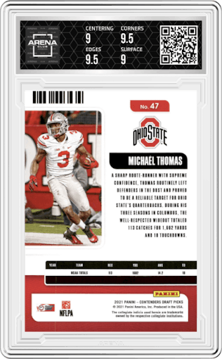 Michael Thomas from the 2021 Panini Contenders Draft Picks set featuring a Game Ticket Pink Cracked Ice parallel graded by Arena Club and given an overall grade of 9.5.