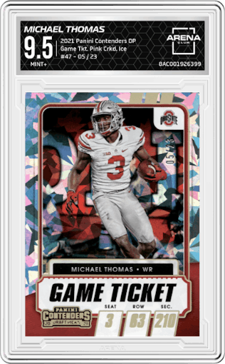 Michael Thomas from the 2021 Panini Contenders Draft Picks set featuring a Game Ticket Pink Cracked Ice parallel graded by Arena Club and given an overall grade of 9.5.