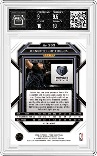 Kenneth Lofton Jr. from the 2022-23 Panini Prizm  set featuring a Green Wave parallel graded by Arena Club and given an overall grade of 9.5.
