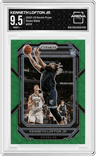 Kenneth Lofton Jr. from the 2022-23 Panini Prizm  set featuring a Green Wave parallel graded by Arena Club and given an overall grade of 9.5.