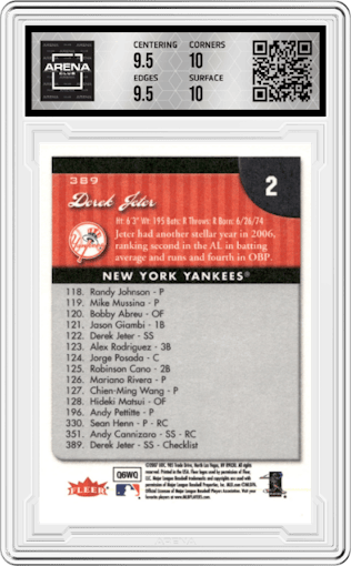 Derek Jeter from the 2007 Fleer  set graded by Arena Club and given an overall grade of 10.