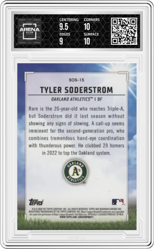 Tyler Soderstrom from the 2023 Bowman  set graded by Arena Club and given an overall grade of 9.5.