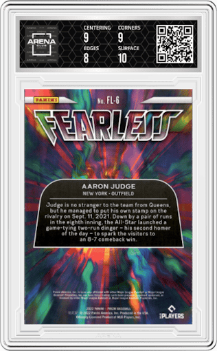 Aaron Judge from the 2022 Panini Prizm set graded by Arena Club and given an overall grade of 8.5.