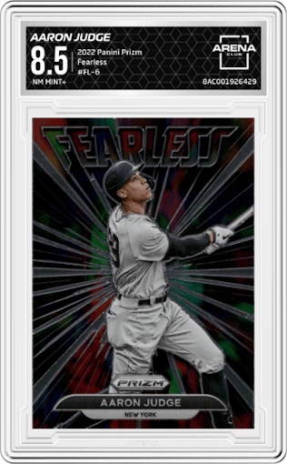 Aaron Judge from the 2022 Panini Prizm set graded by Arena Club and given an overall grade of 8.5.