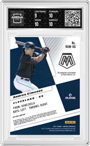 Andres Gimenez from the 2021 Panini Mosaic  set graded by Arena Club and given an overall grade of 9.5.