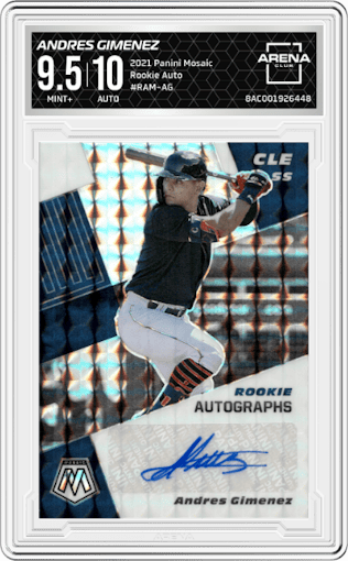 Andres Gimenez from the 2021 Panini Mosaic  set graded by Arena Club and given an overall grade of 9.5.