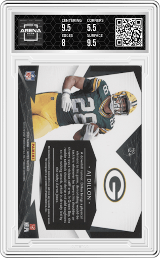 AJ Dillon from the 2020 Panini Limited set featuring a Gold Spotlight parallel graded by Arena Club and given an overall grade of 6.