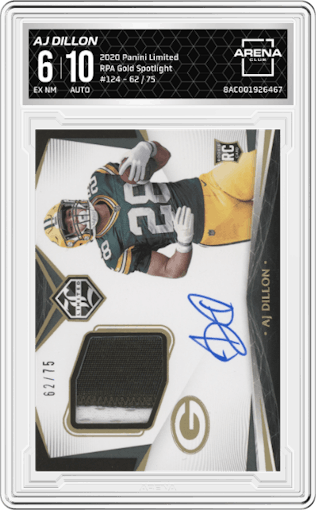 AJ Dillon from the 2020 Panini Limited set featuring a Gold Spotlight parallel graded by Arena Club and given an overall grade of 6.