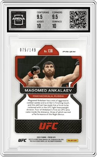 Magomed Ankalaev from the 2022 Panini Prizm UFC  set featuring a Purple Prizm parallel graded by Arena Club and given an overall grade of 10.