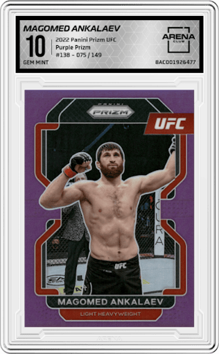 Magomed Ankalaev from the 2022 Panini Prizm UFC  set featuring a Purple Prizm parallel graded by Arena Club and given an overall grade of 10.