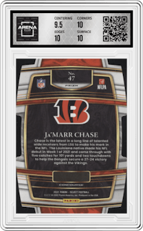 Ja'Marr Chase from the 2021 Panini Select set featuring a Die-Cut Red/Yellow parallel graded by Arena Club and given an overall grade of 10.