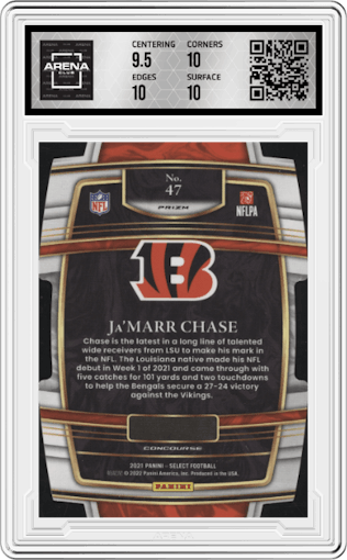 Ja'Marr Chase from the 2021 Panini Select set featuring a Die-Cut Red/Yellow parallel graded by Arena Club and given an overall grade of 10.